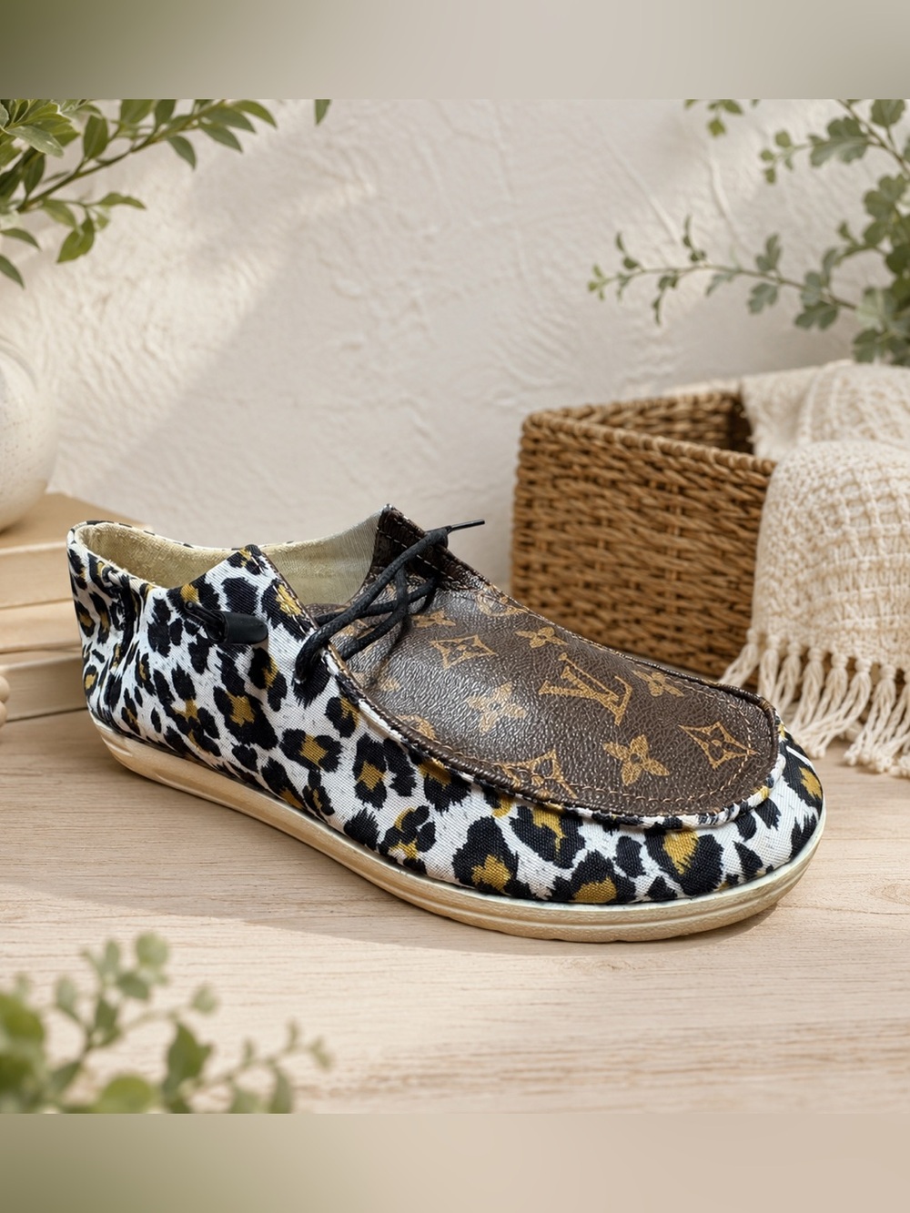 Hey Dude Custom LV & Leopard Print Flats with Brown Monogram Toe Size 41
